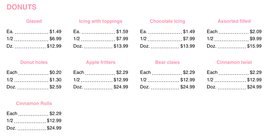 Blessed Donuts menu — organized categories with pricing