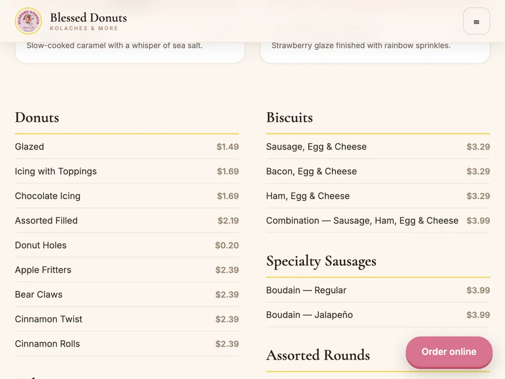 Blessed Donuts menu — organized categories with pricing