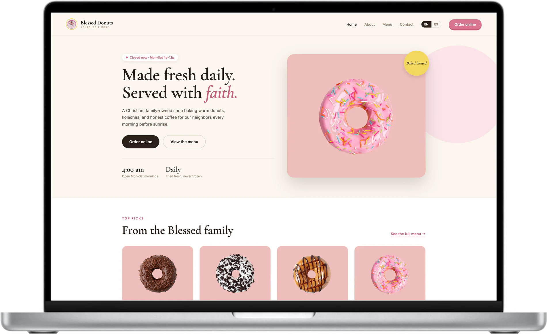 Blessed Donuts, Kolaches & More website on a laptop