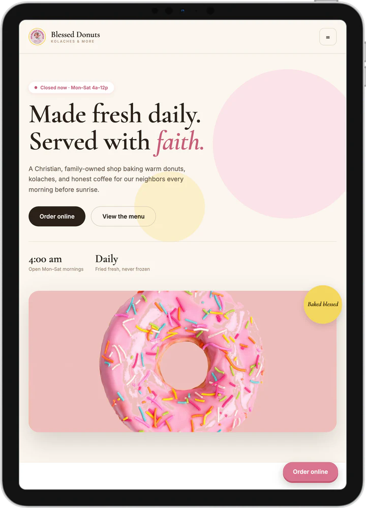 Blessed Donuts, Kolaches & More website on a tablet