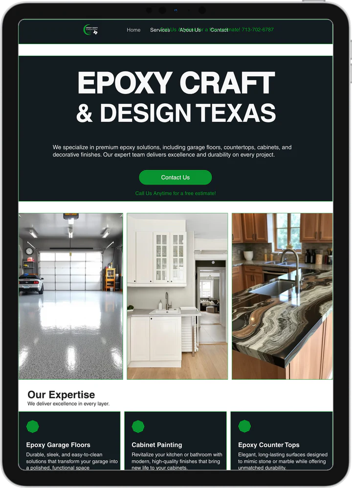 Epoxy Craft & Design Texas website on a tablet