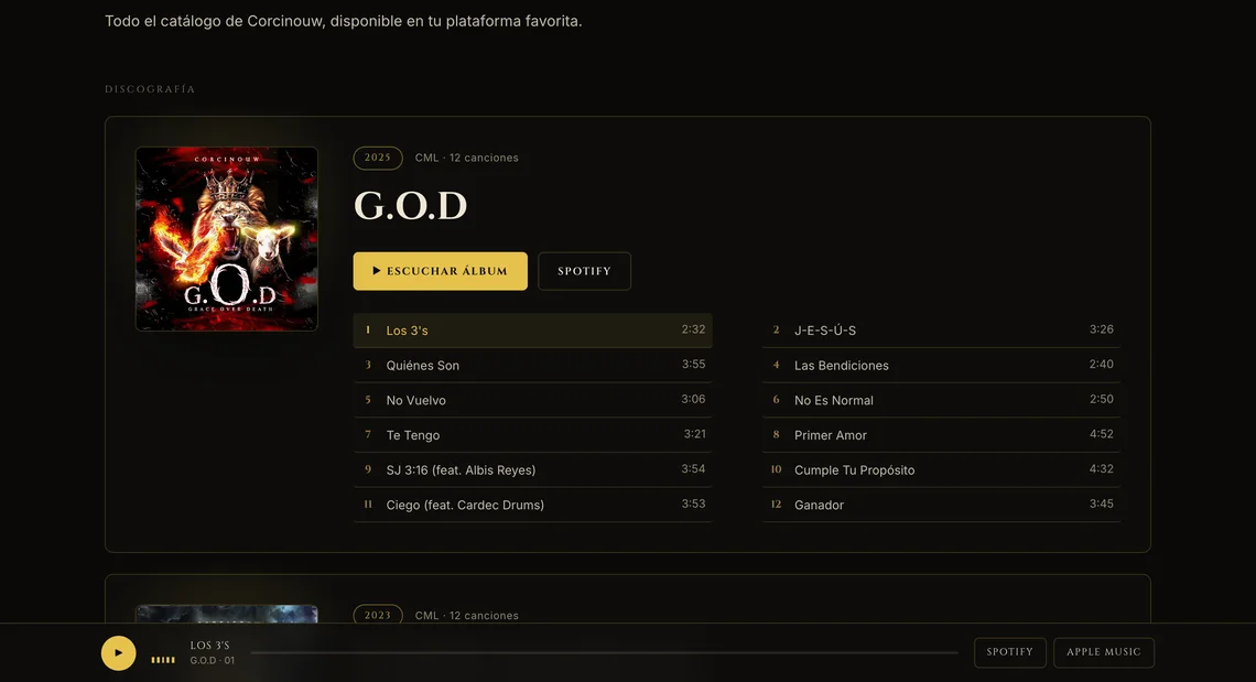 Both albums with every song and the site’s own player