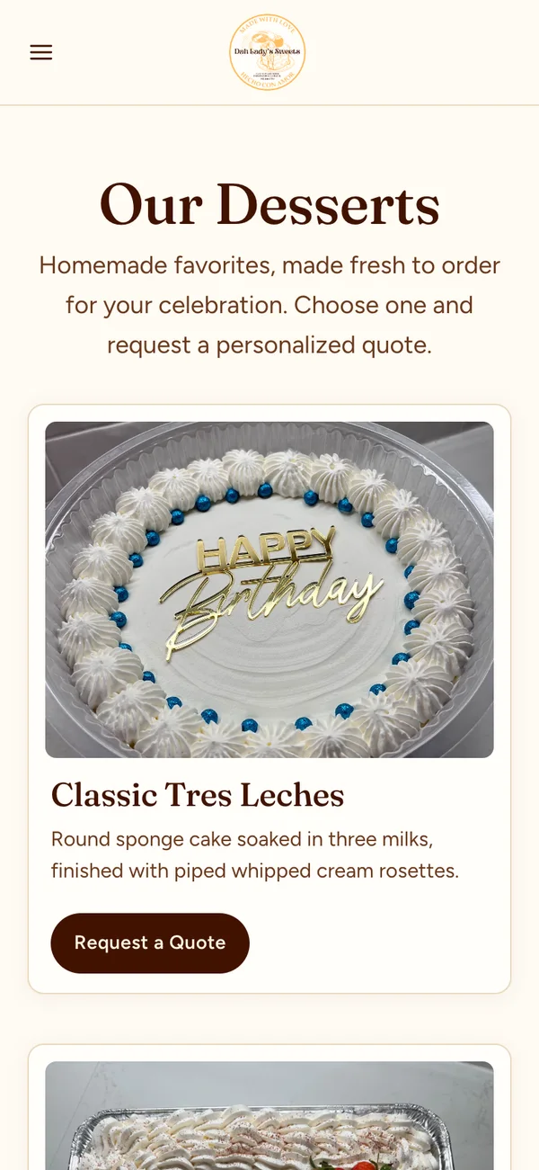 The Our Desserts page on a phone