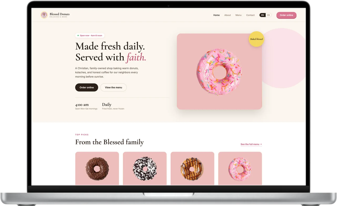 Blessed Donuts, Kolaches & More website on a laptop