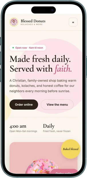 Blessed Donuts, Kolaches & More website on a phone