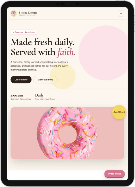 Blessed Donuts, Kolaches & More website on a tablet