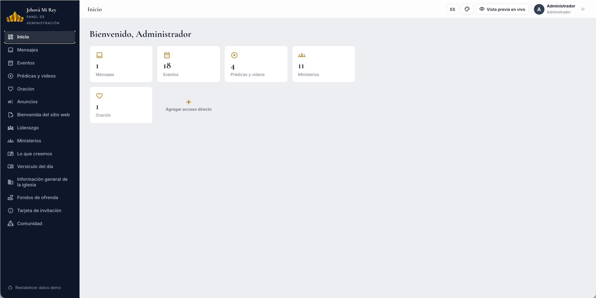 Jehová Mi Rey admin dashboard
