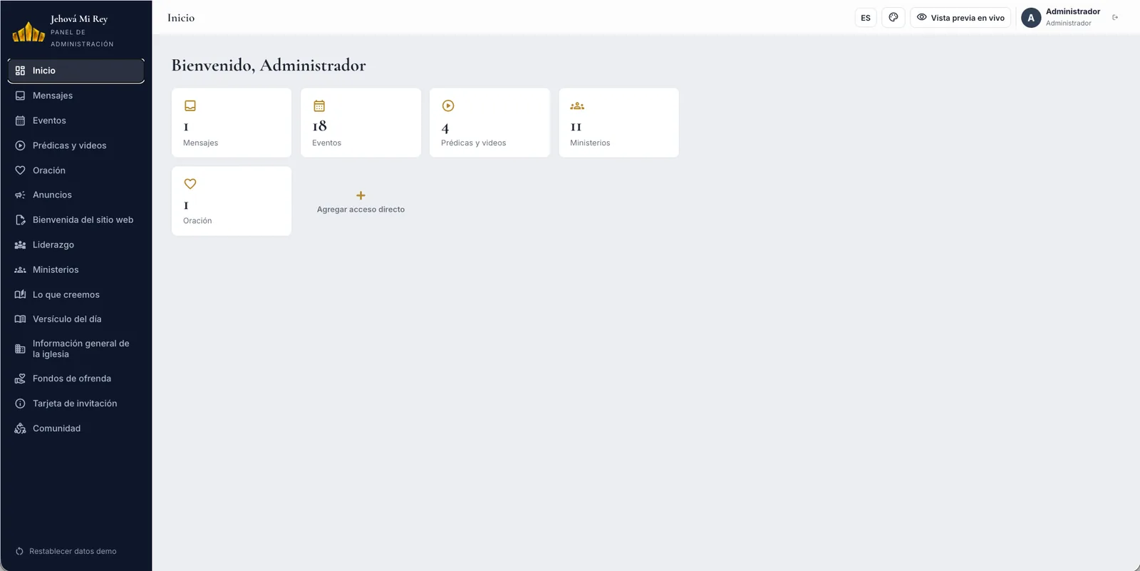 Jehová Mi Rey admin dashboard